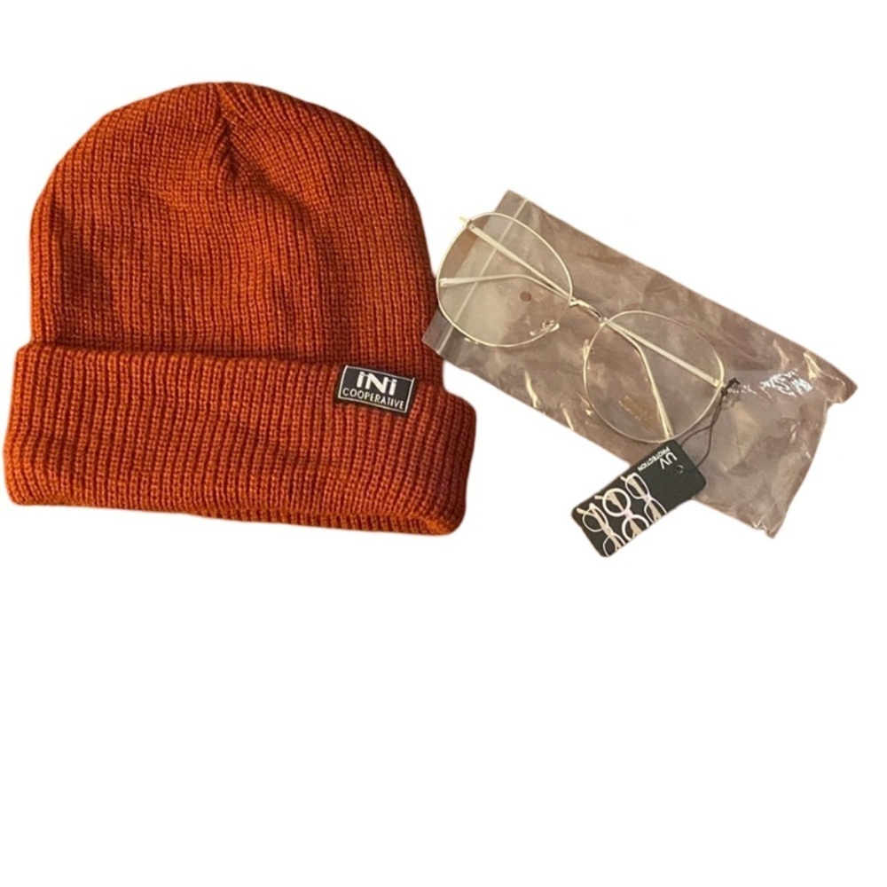 Inc beanie and silver tone blue light reflecting glasses